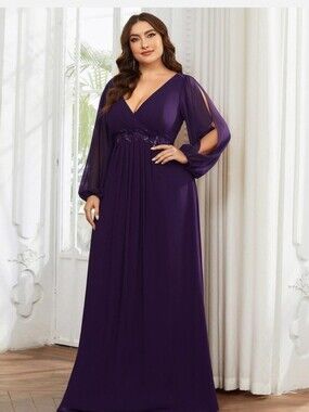 Ever Amour Elegant Chiffon V-Neckline Long Sleeve Sequin Evening Gown Dress